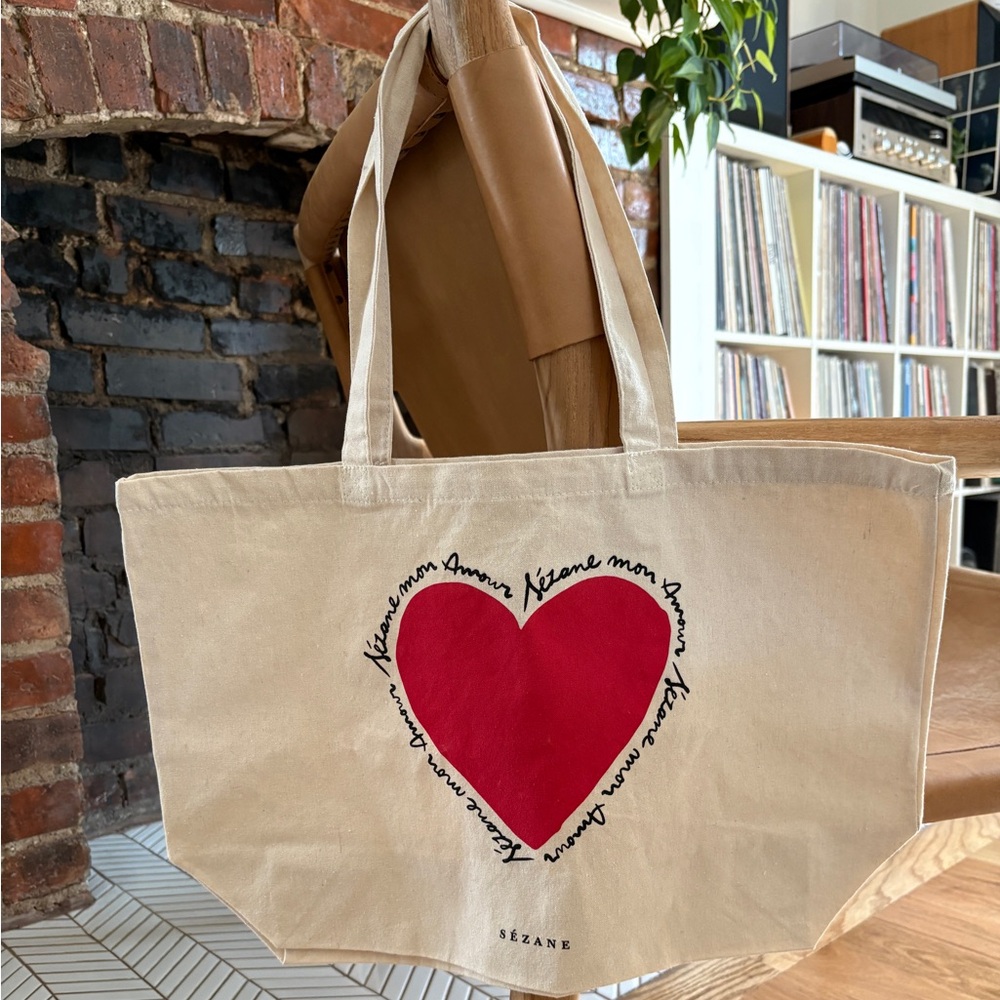Sezane Tote Bag with Red Heart Spring French Paris Tan Canvas Tote Mon Amour